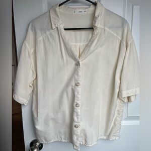 Mango Button Up Short Sleeve Top Blouse Cotton Linen Blend